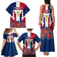Dominican Republic Flag Family Matching Tank Maxi Dress and Hawaiian Shirt with Cross and Floral Design Red Blue Pattern - Wonder Print Shop