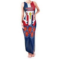 Dominican Republic Flag Family Matching Tank Maxi Dress and Hawaiian Shirt with Cross and Floral Design Red Blue Pattern - Wonder Print Shop