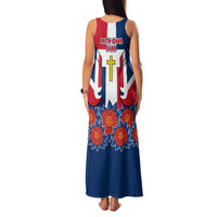Dominican Republic Flag Family Matching Tank Maxi Dress and Hawaiian Shirt with Cross and Floral Design Red Blue Pattern - Wonder Print Shop