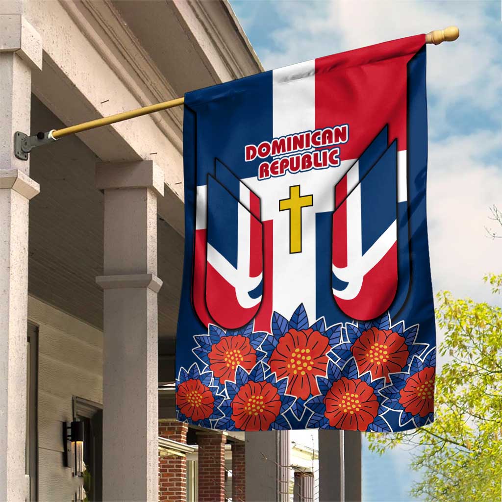 Dominican Republic Flag Garden Flag with Cross and Floral Design Red Blue Pattern - Wonder Print Shop