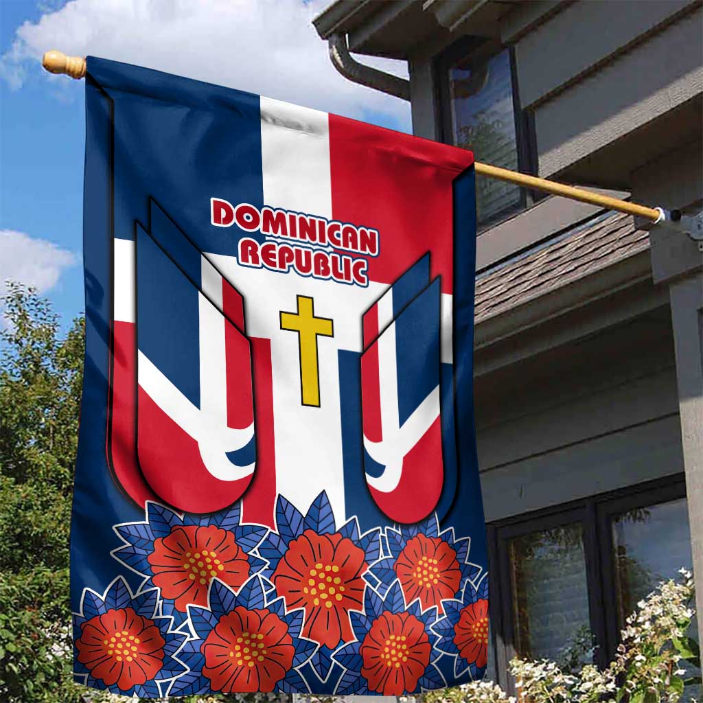 Dominican Republic Flag Garden Flag with Cross and Floral Design Red Blue Pattern - Wonder Print Shop