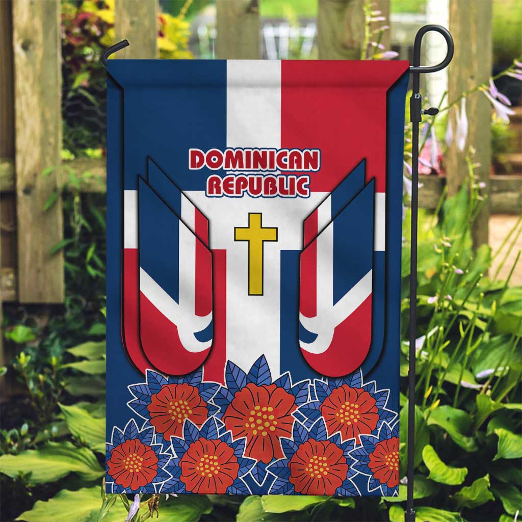 Dominican Republic Flag Garden Flag with Cross and Floral Design Red Blue Pattern - Wonder Print Shop