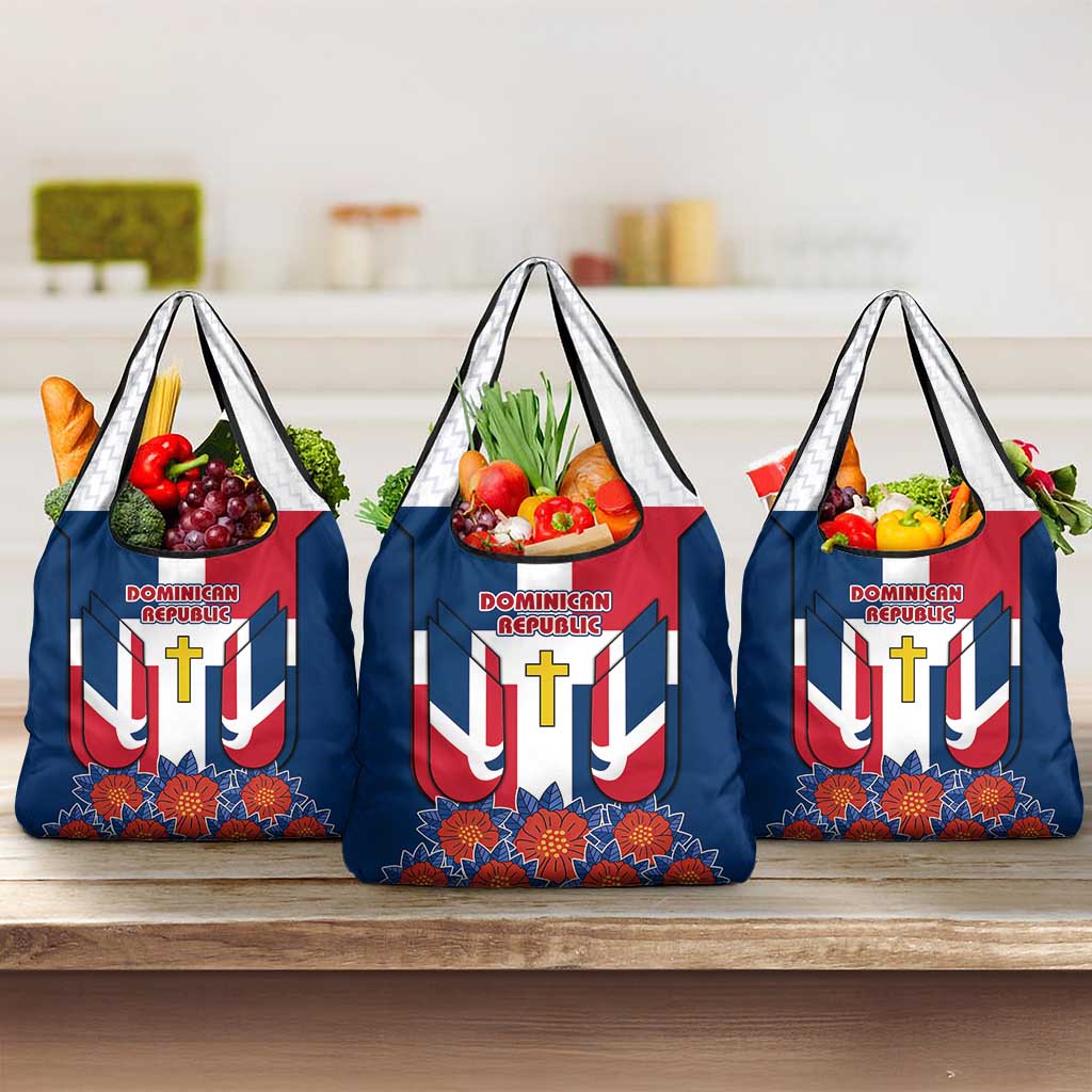 Dominican Republic Flag Grocery Bag with Cross and Floral Design Red Blue Pattern - Wonder Print Shop
