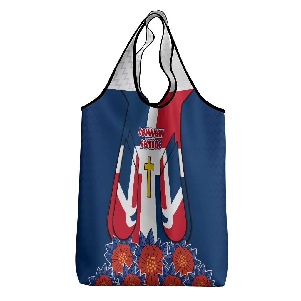 Dominican Republic Flag Grocery Bag with Cross and Floral Design Red Blue Pattern - Wonder Print Shop