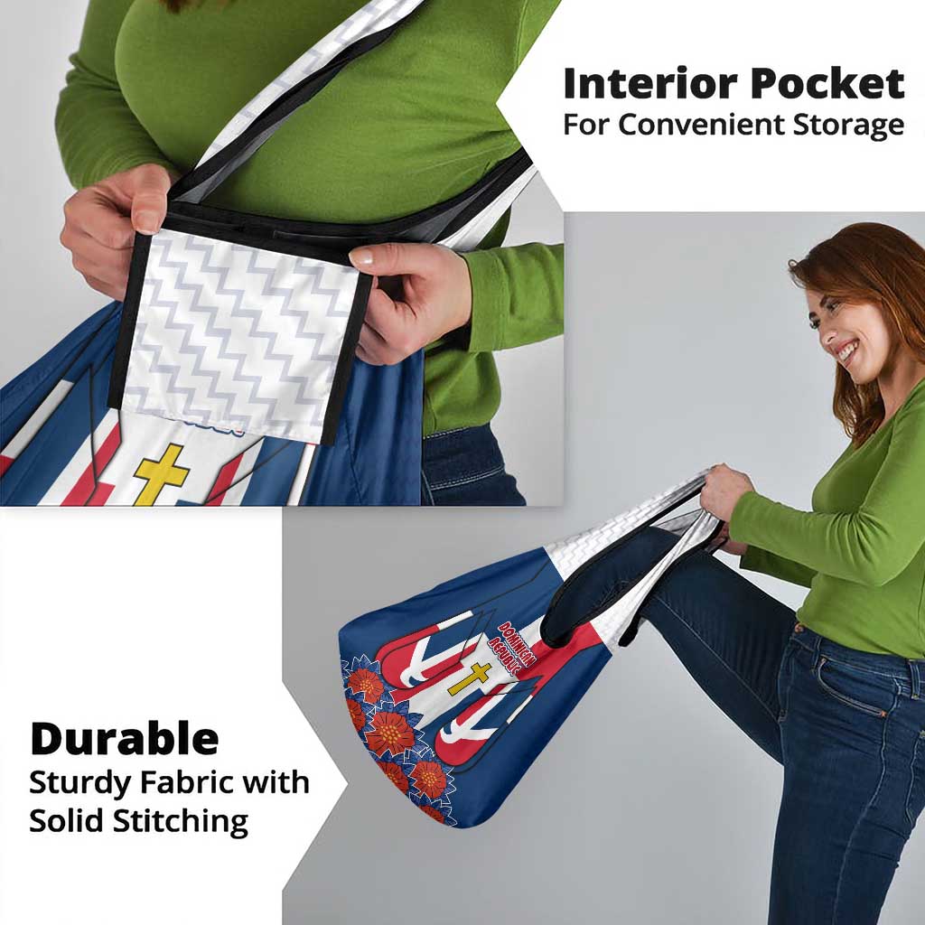 Dominican Republic Flag Grocery Bag with Cross and Floral Design Red Blue Pattern - Wonder Print Shop