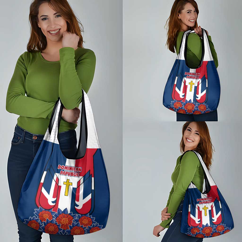 Dominican Republic Flag Grocery Bag with Cross and Floral Design Red Blue Pattern - Wonder Print Shop