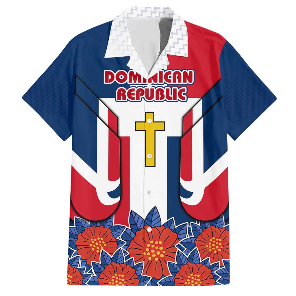 Dominican Republic Flag Hawaiian Shirt with Cross and Floral Design Red Blue Pattern - Wonder Print Shop