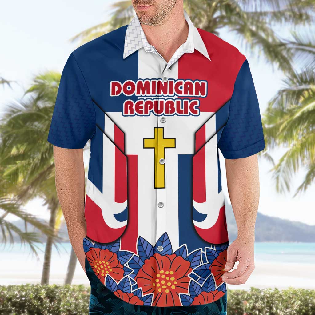 Dominican Republic Flag Hawaiian Shirt with Cross and Floral Design Red Blue Pattern - Wonder Print Shop