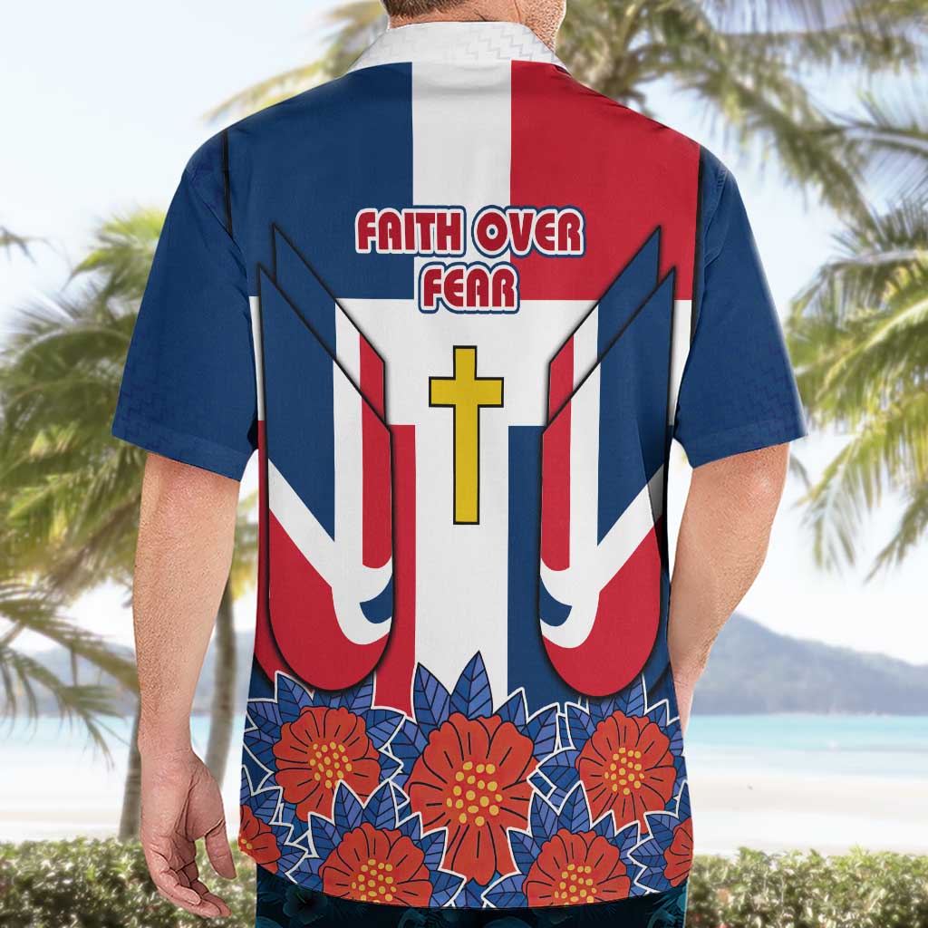 Dominican Republic Flag Hawaiian Shirt with Cross and Floral Design Red Blue Pattern - Wonder Print Shop