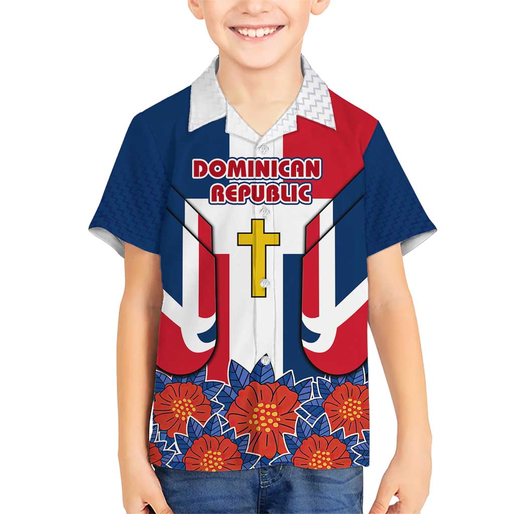 Dominican Republic Flag Hawaiian Shirt with Cross and Floral Design Red Blue Pattern - Wonder Print Shop