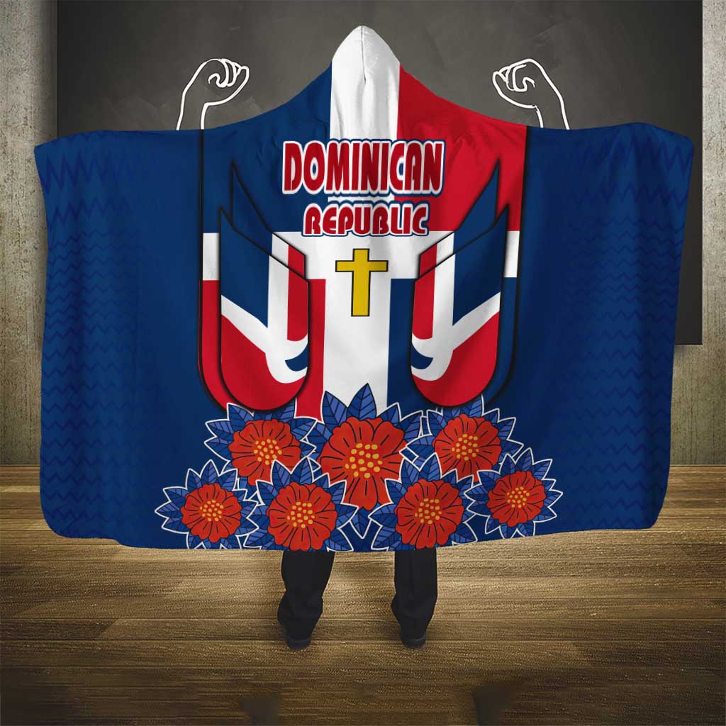 Dominican Republic Flag Hooded Blanket with Cross and Floral Design Red Blue Pattern - Wonder Print Shop