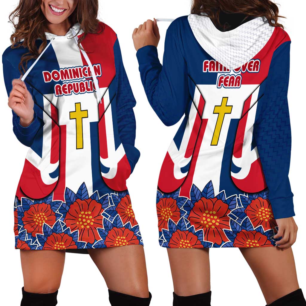 Dominican Republic Flag Hoodie Dress with Cross and Floral Design Red Blue Pattern - Wonder Print Shop