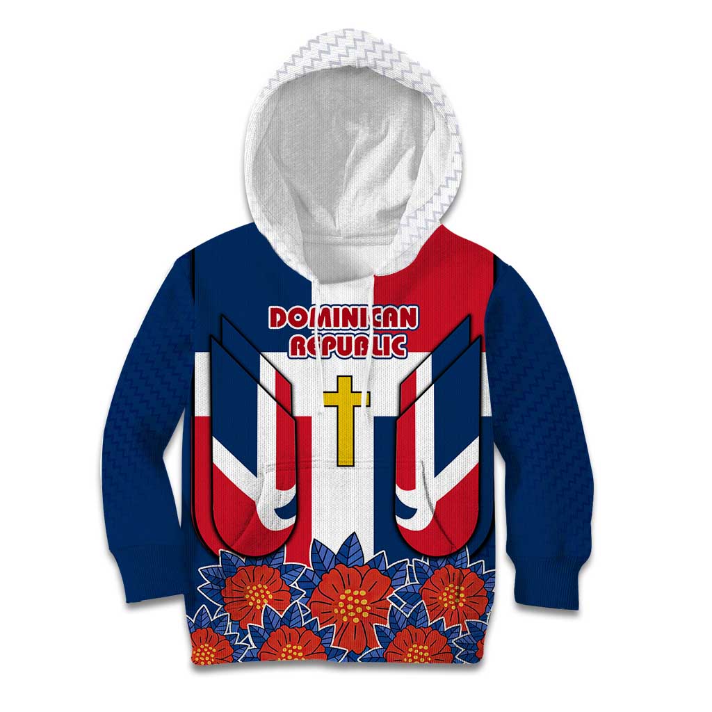 Dominican Republic Flag Kid Hoodie with Cross and Floral Design Red Blue Pattern - Wonder Print Shop