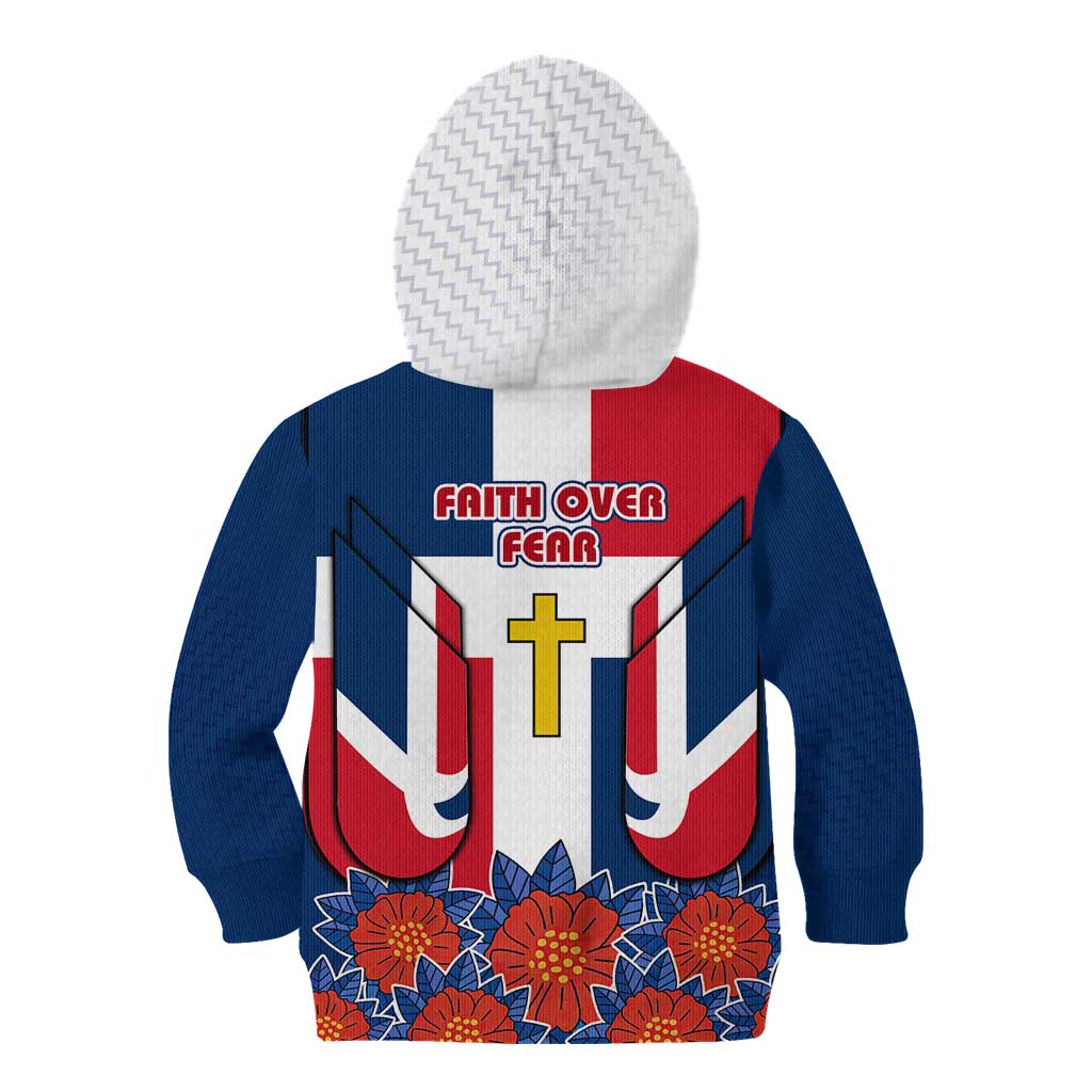 Dominican Republic Flag Kid Hoodie with Cross and Floral Design Red Blue Pattern - Wonder Print Shop