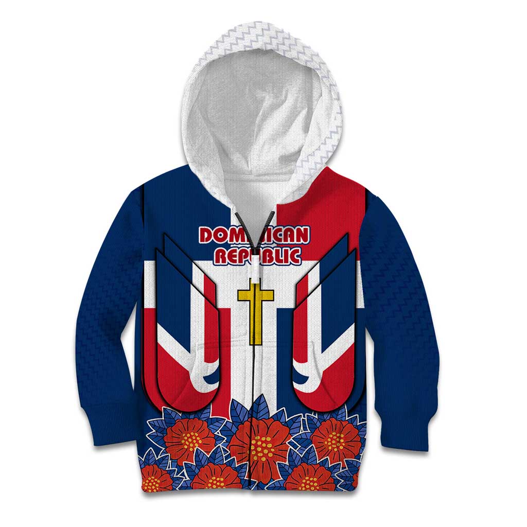 Dominican Republic Flag Kid Hoodie with Cross and Floral Design Red Blue Pattern - Wonder Print Shop