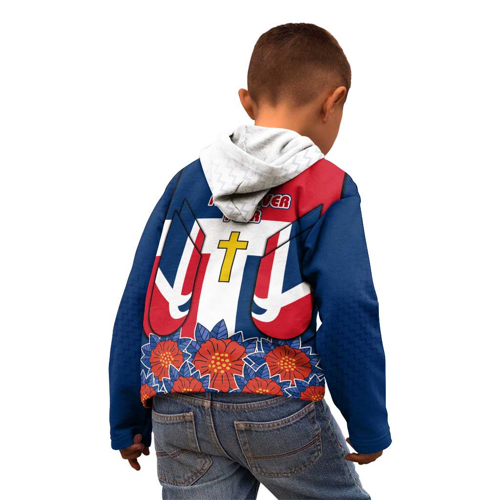 Dominican Republic Flag Kid Hoodie with Cross and Floral Design Red Blue Pattern - Wonder Print Shop