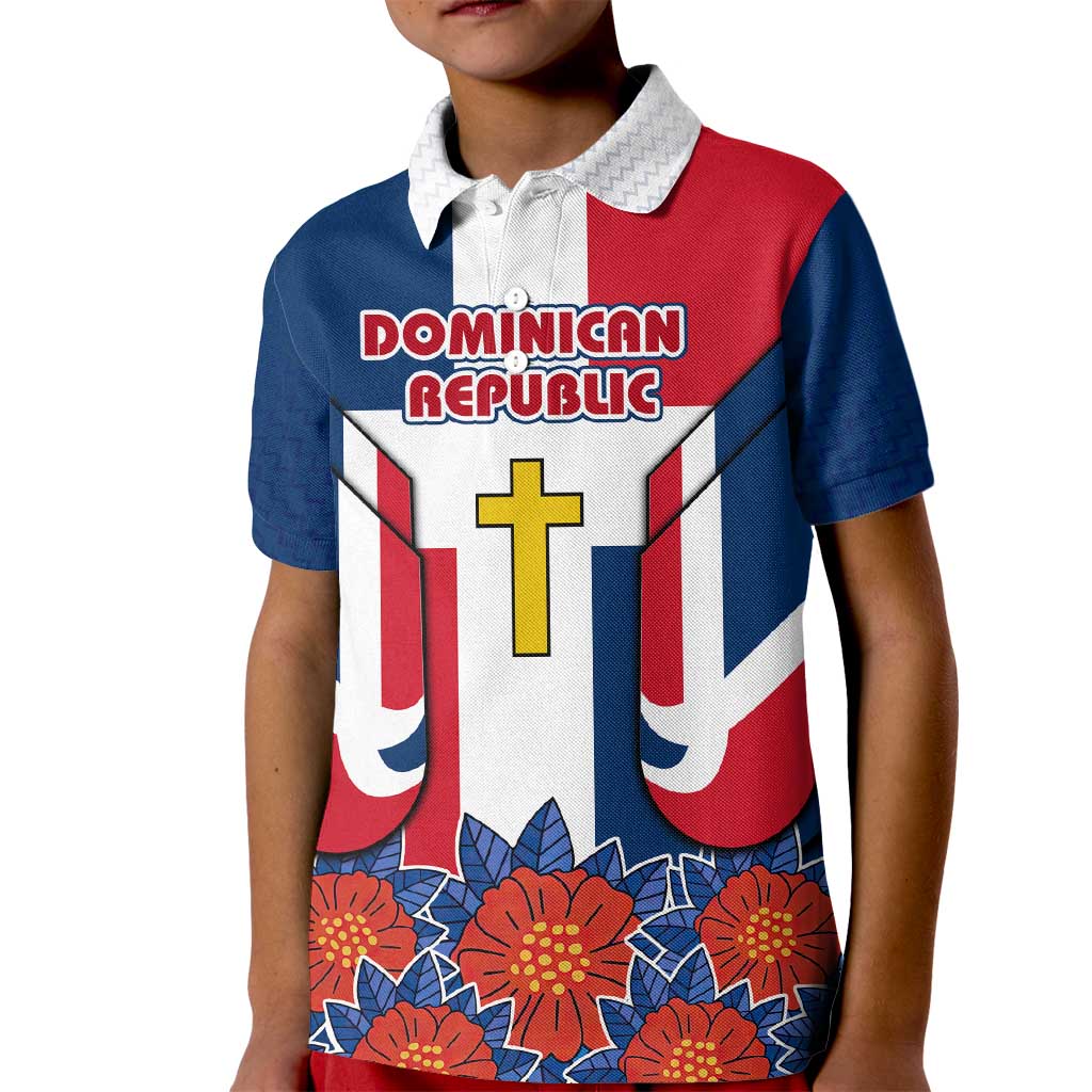 Dominican Republic Flag Kid Polo Shirt with Cross and Floral Design Red Blue Pattern - Wonder Print Shop