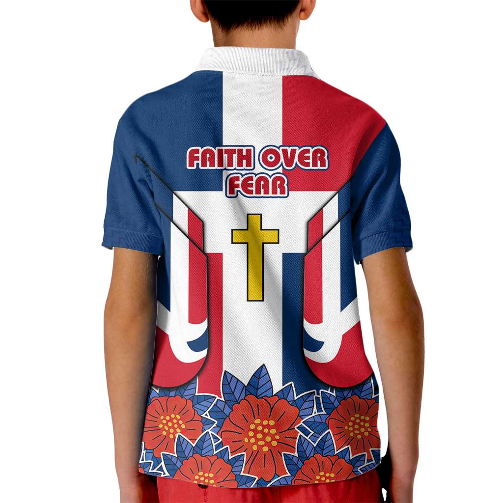 Dominican Republic Flag Kid Polo Shirt with Cross and Floral Design Red Blue Pattern - Wonder Print Shop