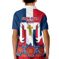 Dominican Republic Flag Kid Polo Shirt with Cross and Floral Design Red Blue Pattern - Wonder Print Shop