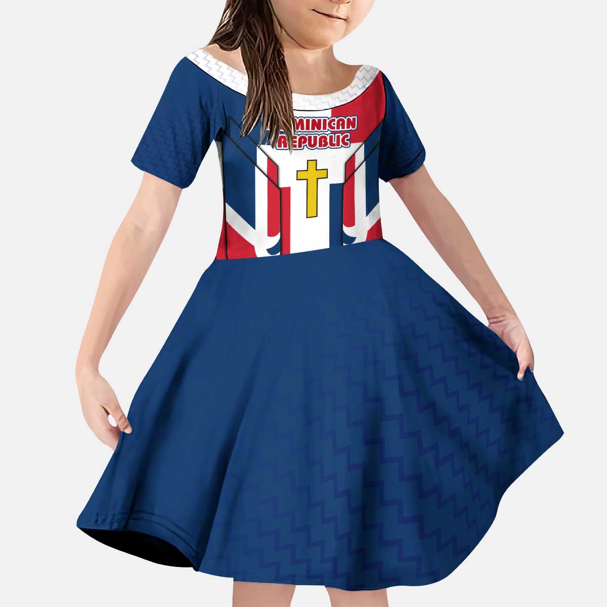 Dominican Republic Flag Kid Short Sleeve Dress with Cross and Floral Design Red Blue Pattern - Wonder Print Shop