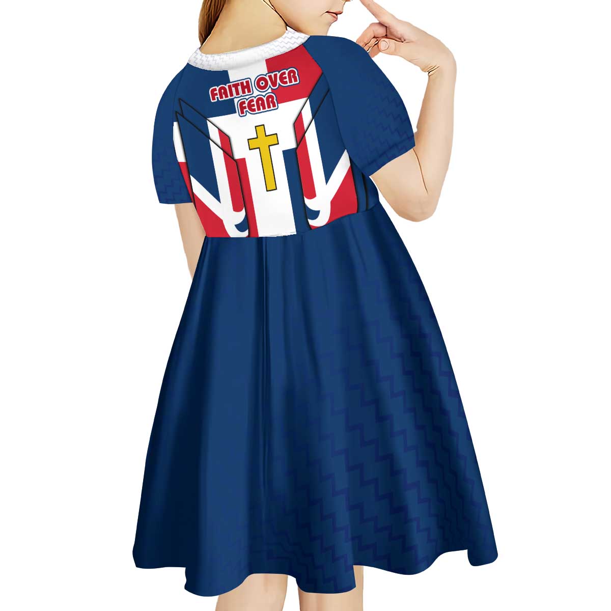 Dominican Republic Flag Kid Short Sleeve Dress with Cross and Floral Design Red Blue Pattern - Wonder Print Shop