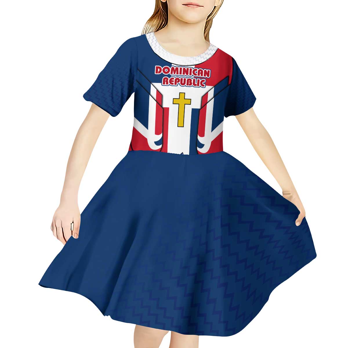 Dominican Republic Flag Kid Short Sleeve Dress with Cross and Floral Design Red Blue Pattern - Wonder Print Shop