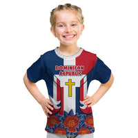 Dominican Republic Flag Kid T Shirt with Cross and Floral Design Red Blue Pattern - Wonder Print Shop