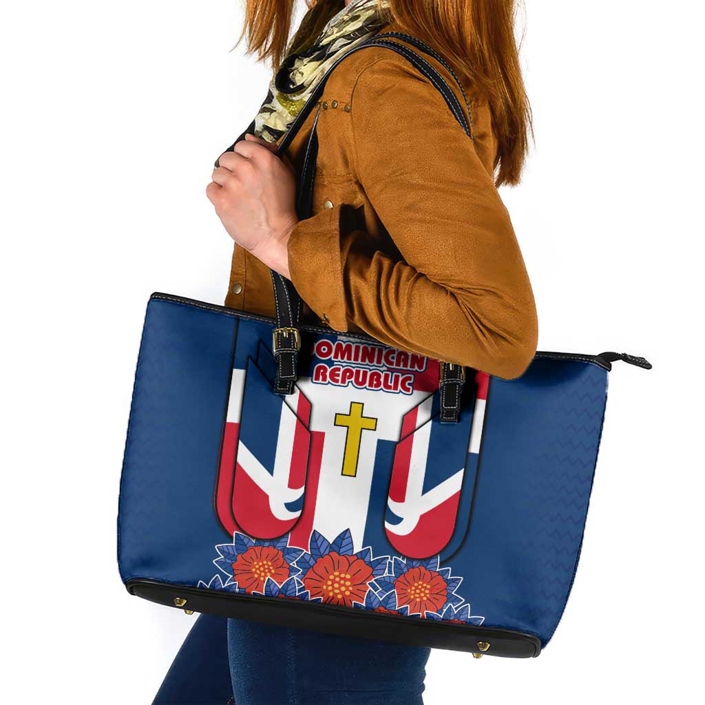 Dominican Republic Flag Leather Tote Bag with Cross and Floral Design Red Blue Pattern - Wonder Print Shop