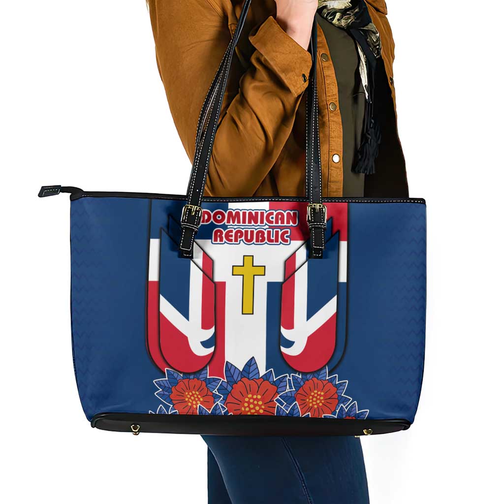 Dominican Republic Flag Leather Tote Bag with Cross and Floral Design Red Blue Pattern - Wonder Print Shop