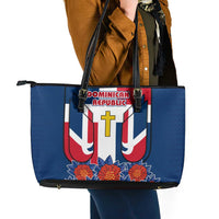 Dominican Republic Flag Leather Tote Bag with Cross and Floral Design Red Blue Pattern - Wonder Print Shop