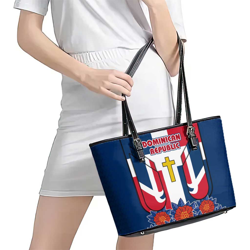 Dominican Republic Flag Leather Tote Bag with Cross and Floral Design Red Blue Pattern - Wonder Print Shop