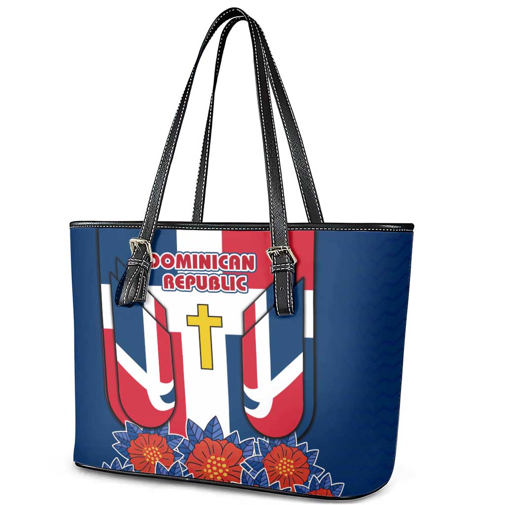 Dominican Republic Flag Leather Tote Bag with Cross and Floral Design Red Blue Pattern - Wonder Print Shop