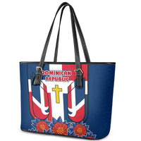 Dominican Republic Flag Leather Tote Bag with Cross and Floral Design Red Blue Pattern - Wonder Print Shop