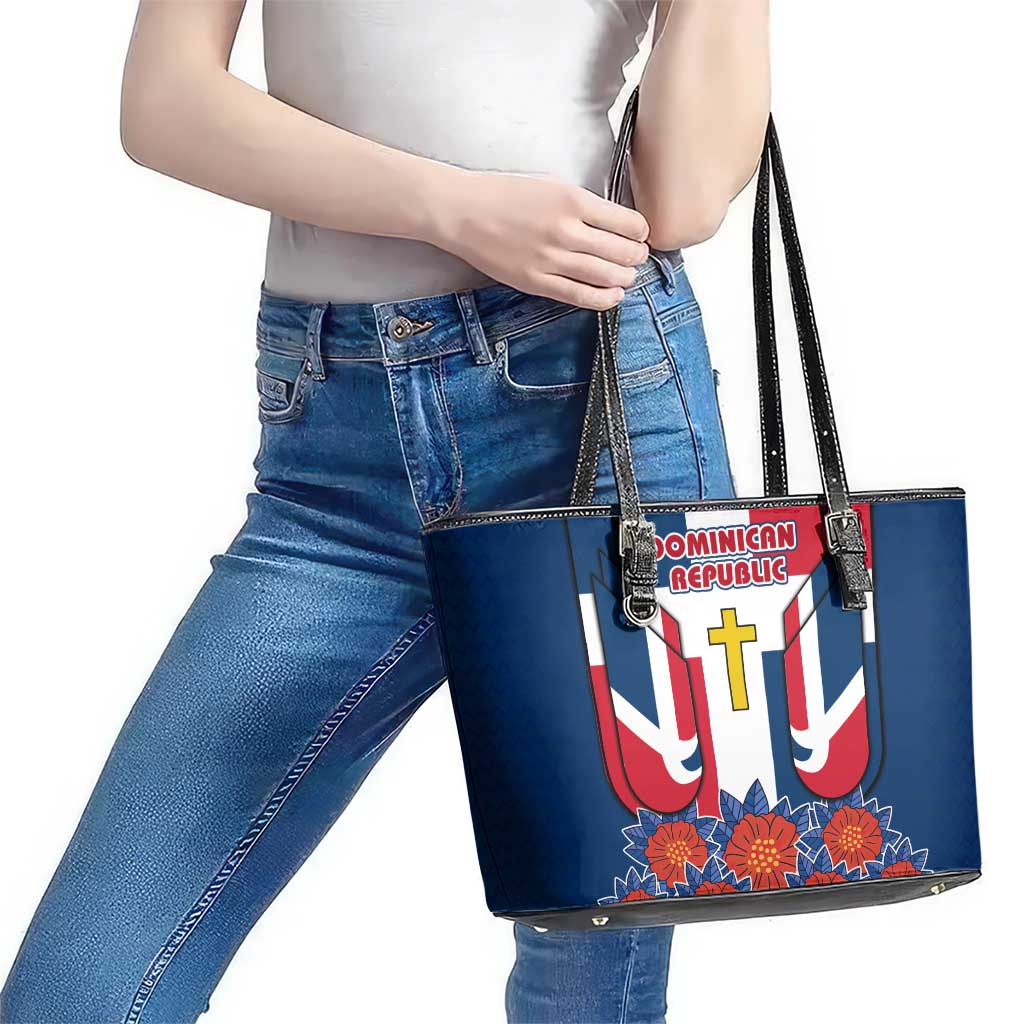 Dominican Republic Flag Leather Tote Bag with Cross and Floral Design Red Blue Pattern - Wonder Print Shop