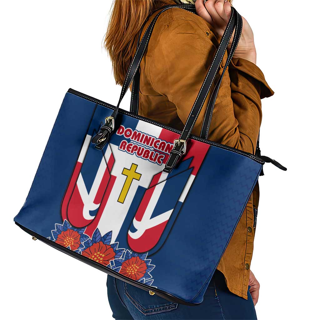 Dominican Republic Flag Leather Tote Bag with Cross and Floral Design Red Blue Pattern - Wonder Print Shop