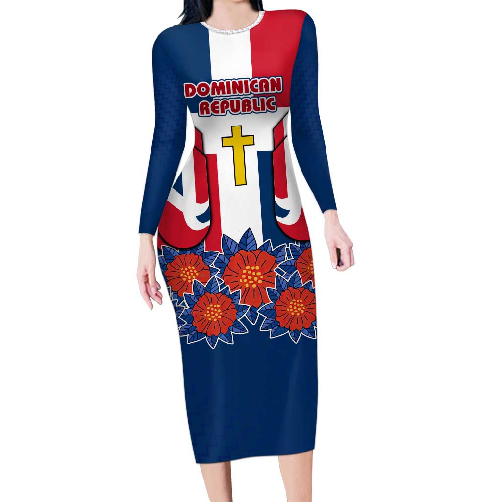 Dominican Republic Flag Long Sleeve Bodycon Dress with Cross and Floral Design Red Blue Pattern - Wonder Print Shop