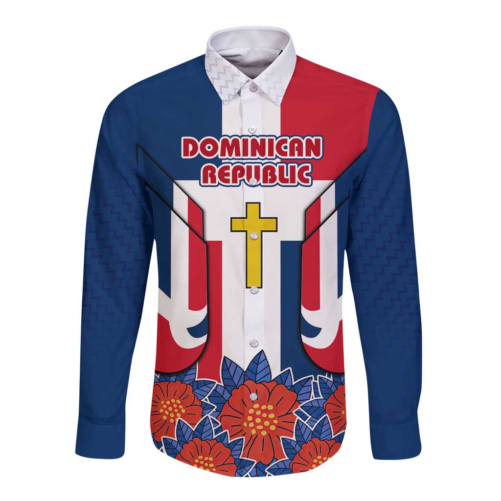 Dominican Republic Flag Long Sleeve Button Shirt with Cross and Floral Design Red Blue Pattern - Wonder Print Shop