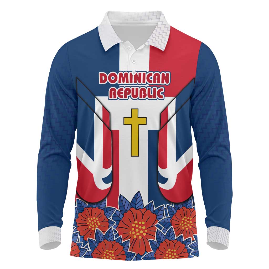 Dominican Republic Flag Long Sleeve Polo Shirt with Cross and Floral Design Red Blue Pattern - Wonder Print Shop