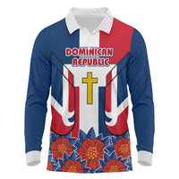 Dominican Republic Flag Long Sleeve Polo Shirt with Cross and Floral Design Red Blue Pattern - Wonder Print Shop