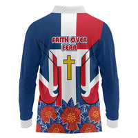 Dominican Republic Flag Long Sleeve Polo Shirt with Cross and Floral Design Red Blue Pattern - Wonder Print Shop