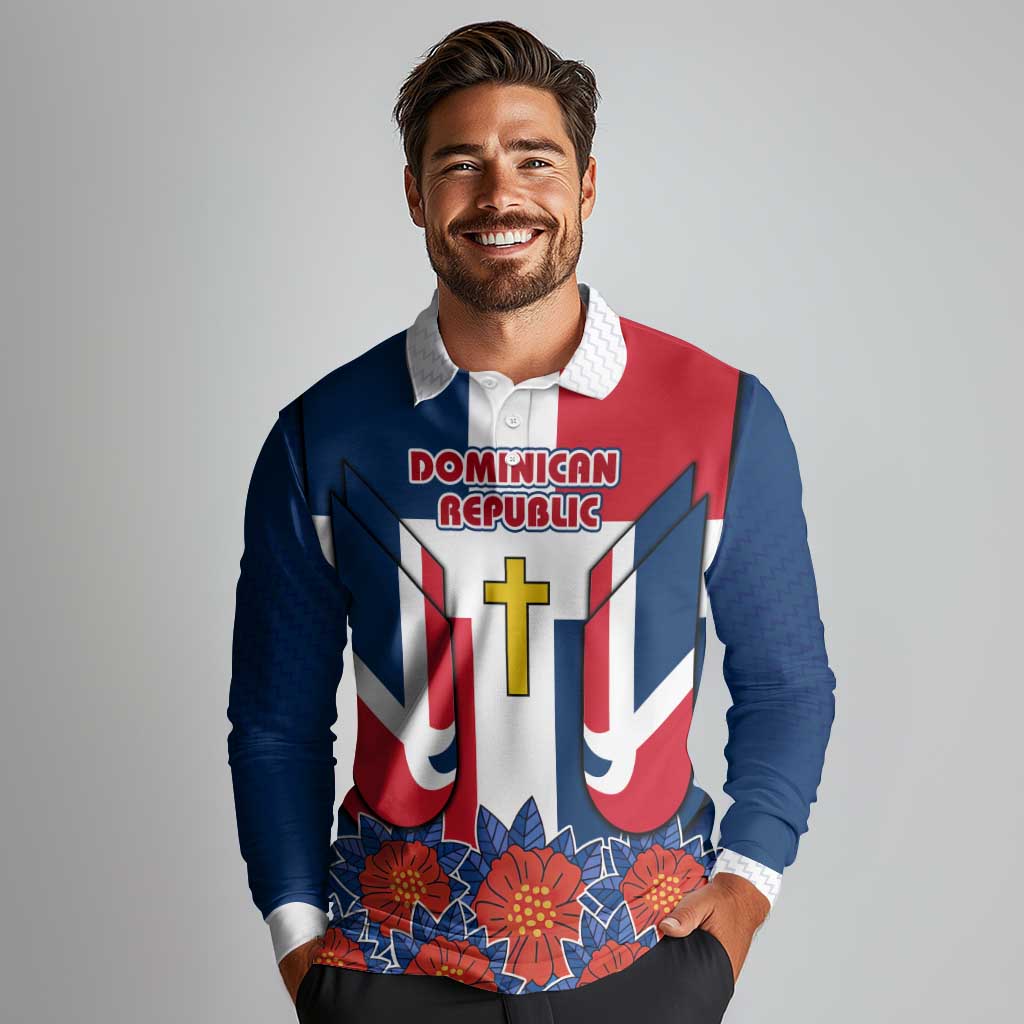 Dominican Republic Flag Long Sleeve Polo Shirt with Cross and Floral Design Red Blue Pattern - Wonder Print Shop