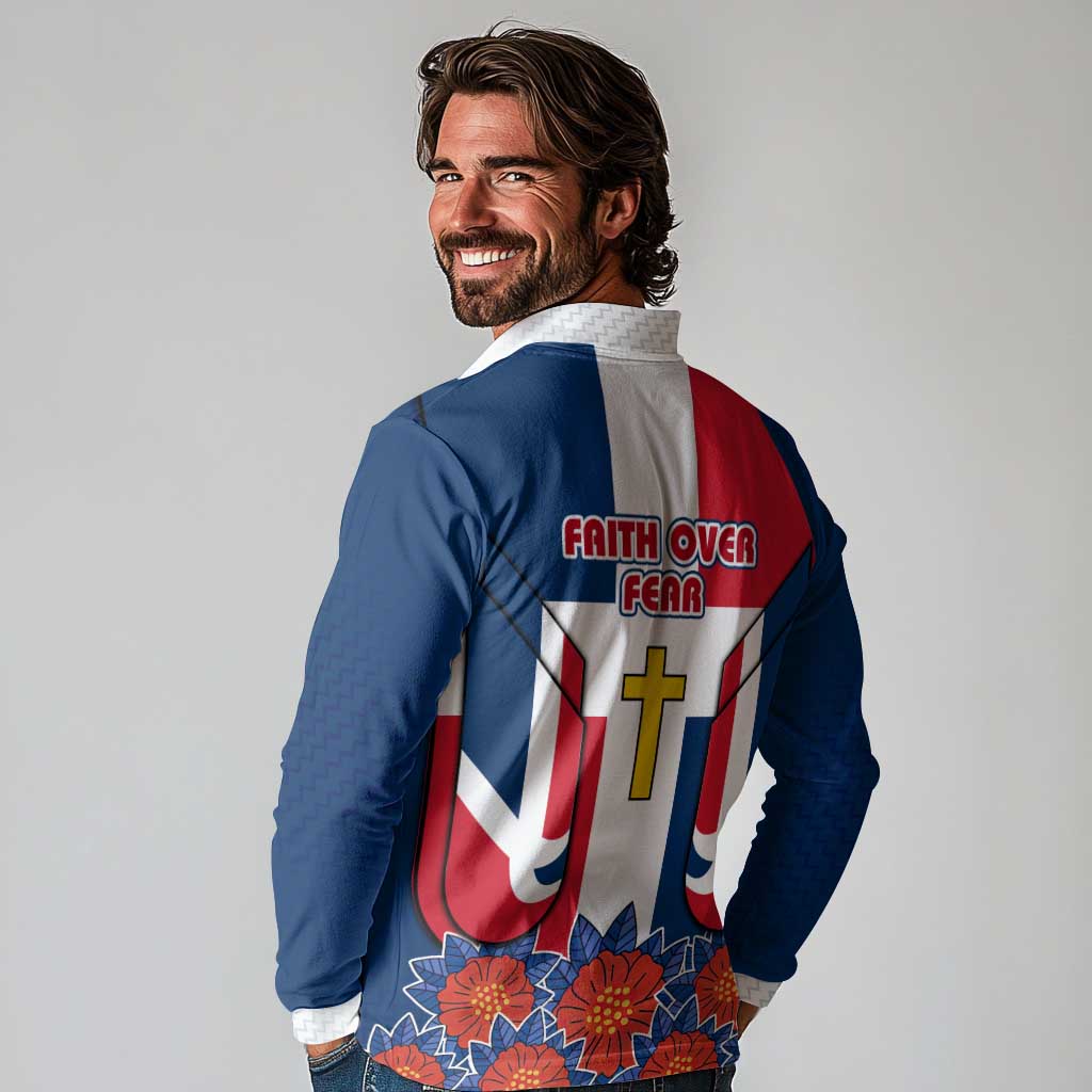 Dominican Republic Flag Long Sleeve Polo Shirt with Cross and Floral Design Red Blue Pattern - Wonder Print Shop