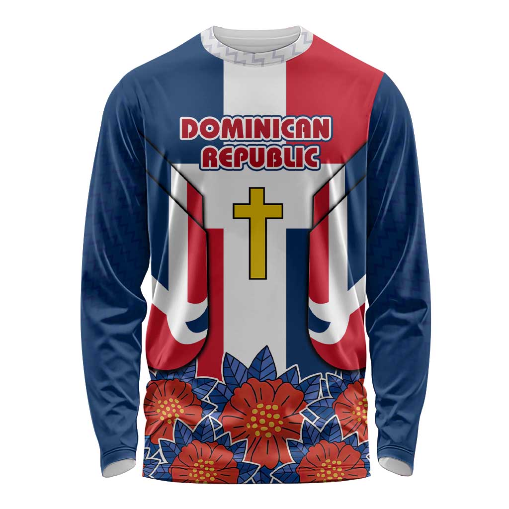 Dominican Republic Flag Long Sleeve Shirt with Cross and Floral Design Red Blue Pattern - Wonder Print Shop
