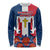 Dominican Republic Flag Long Sleeve Shirt with Cross and Floral Design Red Blue Pattern - Wonder Print Shop