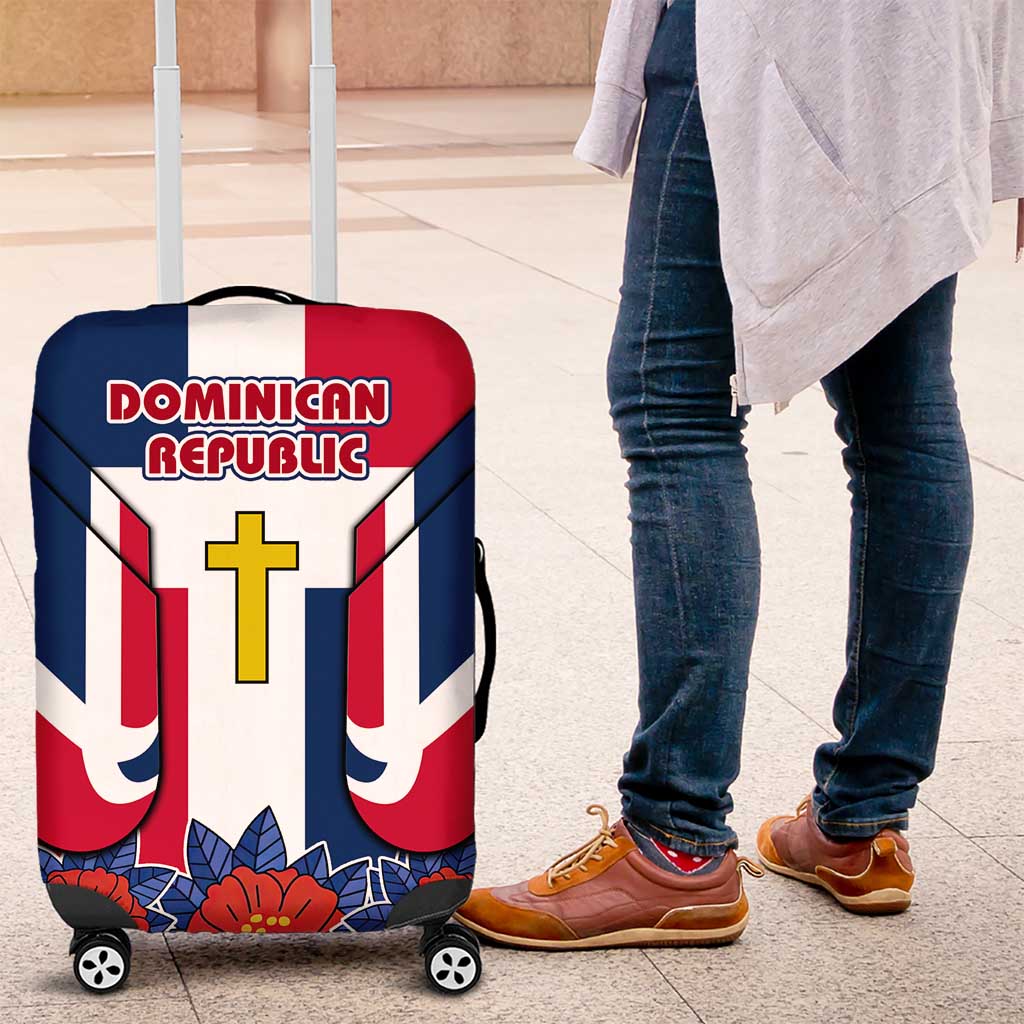 Dominican Republic Flag Luggage Cover with Cross and Floral Design Red Blue Pattern - Wonder Print Shop