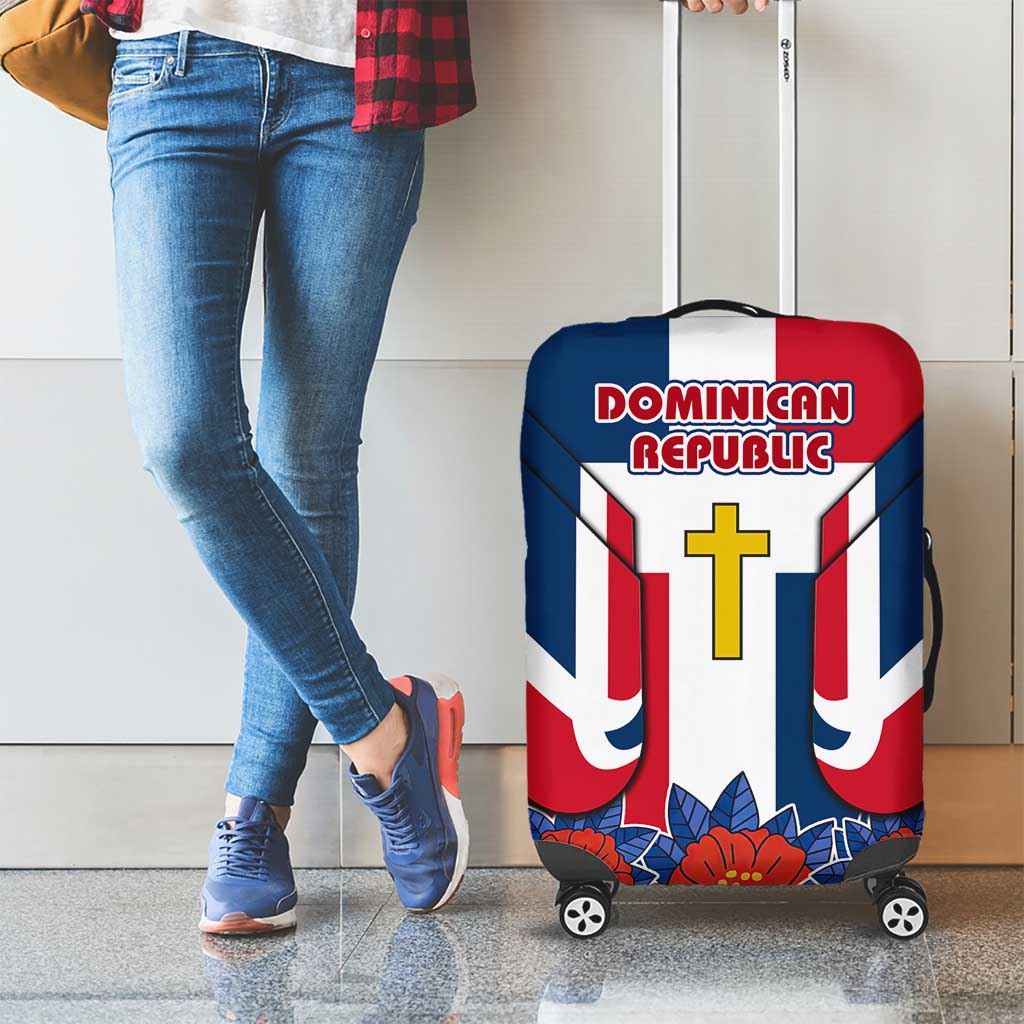 Dominican Republic Flag Luggage Cover with Cross and Floral Design Red Blue Pattern - Wonder Print Shop