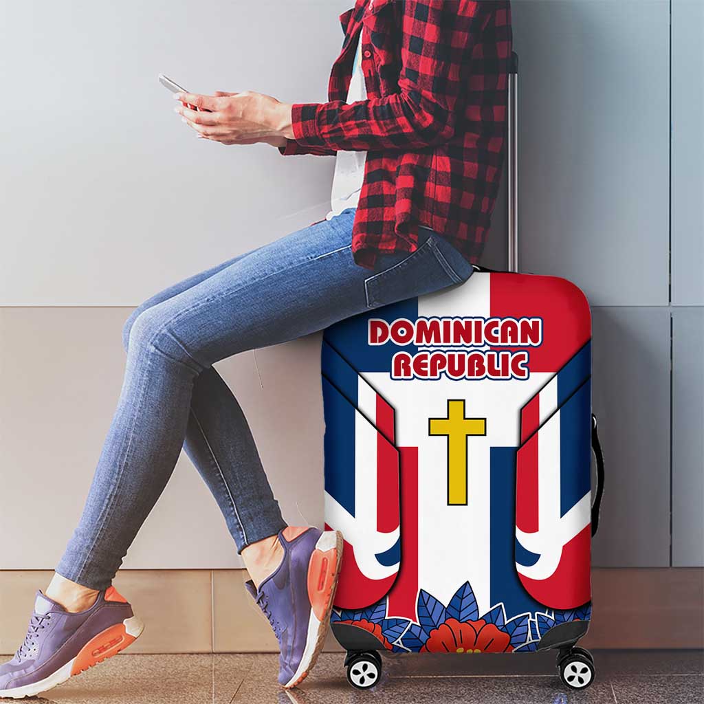 Dominican Republic Flag Luggage Cover with Cross and Floral Design Red Blue Pattern - Wonder Print Shop