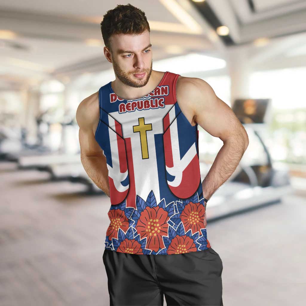 Dominican Republic Flag Men Tank Top with Cross and Floral Design Red Blue Pattern - Wonder Print Shop