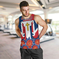 Dominican Republic Flag Men Tank Top with Cross and Floral Design Red Blue Pattern - Wonder Print Shop