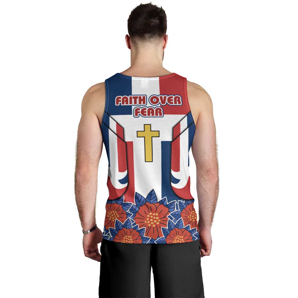 Dominican Republic Flag Men Tank Top with Cross and Floral Design Red Blue Pattern - Wonder Print Shop